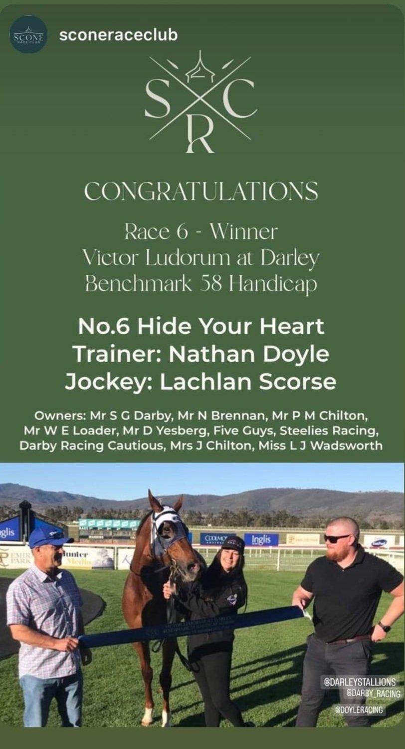 Hide Your Heart wins 1st up for the team!
